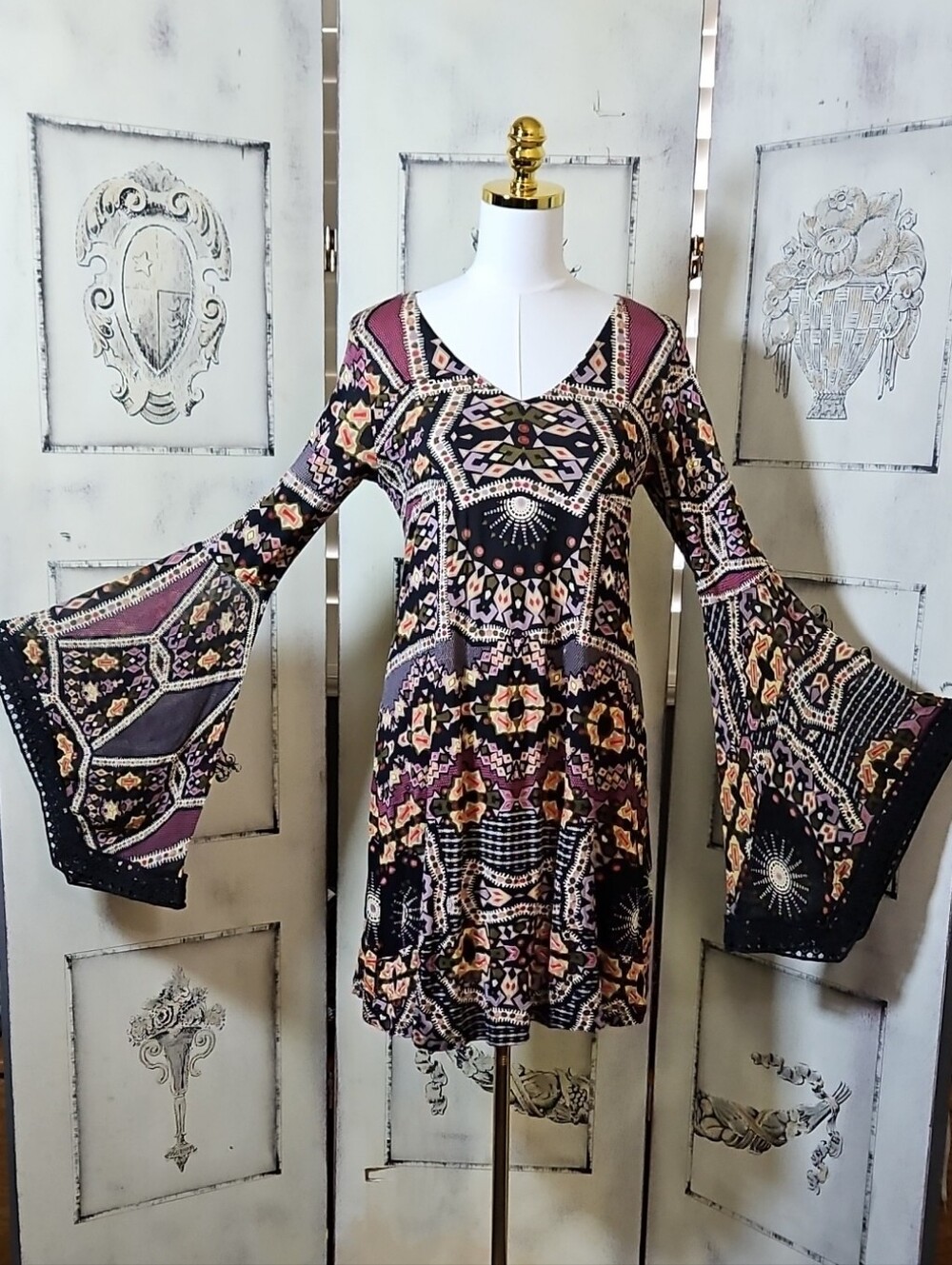 Patrons of Peace Black and Mauve Boho Bell-Sleeve Mini Dress